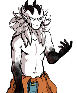 albino angry clothed clothing horn male male_humanoid solo topless topless_humanoid topless_male white_body yellow_eyes zimakum demon humanoid vigor'mie colored_sketch hi_res sketch