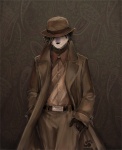 anthro belt black_hair bottomwear bowler_hat brown_clothing clothed clothing coat fashion footprint fully_clothed fur gloves hair hand_in_pocket hands_in_both_pockets handwear hat headgear headwear male pants pawprint pockets purple_body purple_fur shirt simple_background solo suit textured_background topwear trenchcoat white_body white_fur thumbclawz tokami canid canine canis mammal wolf brown_theme portrait three-quarter_portrait