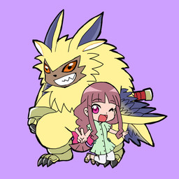 anthro brown_hair chibi claws duo female fur gesture grin hair hand_gesture long_hair male one_eye_closed orange_eyes smile v_sign winged_arms wings wink yellow_body yellow_fur hamu_ym bandai_namco digimon digimon_ghost_game ruri_tsukiyono digimon_(species) human lamortmon mammal monster 1:1