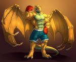 abs anthro biceps big_muscles blue_eyes bottomwear boxing_gloves claws clothed clothing dragon fangs feet flexing gaeus gloves handwear hi_res horn male muscular muscular_anthro muscular_male mythological_creature mythological_scalie mythology neodokuro obliques pecs reptile scales scalie shorts smile solo standing tail teeth toe_claws topless triceps wings yellow_body yellow_scales