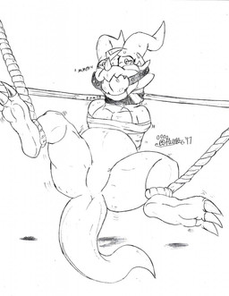 ankles_tied anthro ball_gag bdsm bodily_fluids bondage bound claws facial_horn fangs featureless_crotch gag horn male muffled nervous nervous_sweat nose_horn nude null restraints rope rope_bondage scales solo spread_legs spreading sweat tail tail_between_legs teeth toe_claws wide_eyed marcushunter bandai_namco digimon digimon_(species) dinosaur prehistoric_species reptile scalie veemon 2017 hi_res signature