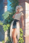 5_fingers belt blue_eyes bottomwear breasts clothing day female fingers hair humanoid_pointy_ears not_furry outside plant pointy_ears skirt solo standing temple white_clothing white_hair shchrit elf humanoid 2024 digital_media_(artwork) hi_res