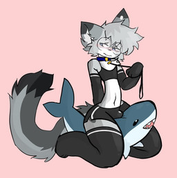 anthro arm_warmers armwear black_armwear black_bottomwear black_clothing black_elbow_gloves black_gloves black_handwear black_legwear black_shorts black_thigh_highs black_topwear blue_collar blue_eyes blush bottomwear bulge clothed clothing collar crop_top dipstick_ears dipstick_tail ear_markings elbow_gloves embarrassed eyewear femboy fur glasses gloves grey_body hair handwear holding_leash holding_object holding_own_leash hotpants leash leg_warmers legwear looking_aside male markings midriff multicolored_ears round_glasses shirt shorts shy simple_background sitting_on_plushie solo stockings submissive submissive_anthro submissive_male tail tail_markings teeth thick_thighs thigh_highs topwear tuft skipper_katt ikea blahaj nixuelle blue_shark domestic_cat egyptian_mau felid feline felis fish mammal marine requiem_shark shark 2025 digital_media_(artwork) hi_res