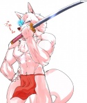 abs anthro asian_clothing biceps bionic_eye bionics biped blue_eyes bottomwear chest_tuft clothed clothing cybernetic_eye cybernetics east_asian_clothing fluffy fluffy_tail front_view fundoshi fur glowing glowing_eyes hand_on_hip holding_melee_weapon holding_object holding_sword holding_weapon japanese_clothing loincloth machine male melee_weapon muscular muscular_anthro muscular_male narrowed_eyes pecs simple_background solo squint standing sword tail text topless tuft underwear weapon white_background white_body white_fur kazuhiro canid canine canis mammal wolf 2014 japanese_text translated