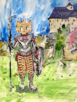 ambiguous_gender anthro armor breastplate building cape clothed clothed_anthro clothing holding_melee_weapon holding_object holding_polearm holding_shield holding_spear holding_weapon medieval melee_weapon polearm red_cape red_clothing shield smile solo spear weapon naircat domestic_cat felid feline felis mammal hi_res