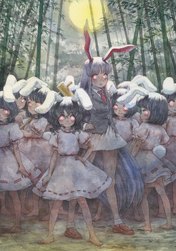 bamboo bamboo_forest barefoot black_clothing black_hair black_jacket black_topwear bottomwear clothed clothed_female clothed_humanoid clothing dress feet female footwear forest full_moon glowing glowing_eyes group hair hammer hand_on_hip jacket long_hair long_sleeves looking_at_viewer moon necktie outside pink_bottomwear pink_clothing pink_dress pink_eyes pink_skirt plant puffy_sleeves purple_hair red_necktie shirt shoes short_sleeves skirt smile tail tools topwear tree white_clothing white_shirt white_tail white_topwear young young_female young_humanoid misawazarigani touhou reisen_udongein_inaba tewi_inaba animal_humanoid humanoid lagomorph lagomorph_humanoid leporid_humanoid mammal mammal_humanoid rabbit_humanoid 2014 painting_(artwork) traditional_media_(artwork) traditional_painting_(artwork)