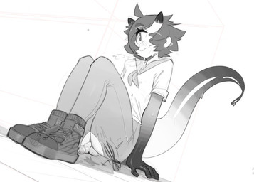 1_eye ahoge ascot balls bangs big_eyes biped blush bodily_fluids boots bottomwear clothing dark_body dark_skin denim denim_bottomwear denim_clothing dipstick_tail femboy footwear genitals gloves_(marking) hair horn jeans light_body light_skin long_tail male markings messy_hair multicolored_body multicolored_skin multicolored_tail nervous noseless not_furry pants penis pupils shirt shoes short_hair side_view simple_background sitting smile solo sweat t-shirt tail tail_markings topwear torn_clothing white_background white_pupils bloop_(artist) ansel_(anaid) cyclops demon horned_tailclops mammal tailclops_(species) greyscale monochrome