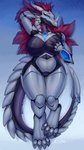4k 9:16 absurd_res anthro armor big_breasts black_body blue_eyes breasts camel_toe claws conditional_dnp crystal cybernetics cyborg dragon eria_(dragonmaster2653) female fondling glistening glistening_body glistening_skin glowing hair hand_on_breast hi_res holding_breast horn huge_breasts latex looking_at_viewer machine mane maroon_fur metal mythological_creature mythological_scalie mythology nipple_outline non-mammal_breasts oksara scalie self_fondle simple_background smile solo spikes tail thick_thighs wide_hips