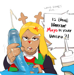 angry anthro antlers ball_grab balls blonde_hair bodily_fluids clothed clothing condiment container dialogue duo erection female food food_fetish food_insertion food_play foreskin freckles genitals hair handjob horn humanoid_genitalia humanoid_penis improvised_sex_toy male male_human mayonnaise open_mouth penile penis prank sauce sex squeeze_bottle text conditional_dnp kinkykong deltarune undertale_(series) kris_dreemurr noelle_holiday deer human mammal new_world_deer reindeer 2026 absurd_res english_text hi_res nonbinary_(lore)