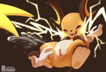 anus blush bodily_fluids clitoris disembodied_hand duo ejaculation electricity female genital_fluids genitals humanoid_vulva open_mouth open_smile shy simple_background smile solo_focus spread_legs spreading vaginal_fluids vaginal_squirting vulva renabu nintendo pokemon generation_1_pokemon pokemon_(species) raichu 2025 absurd_res hi_res