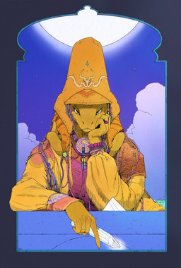 ambiguous_gender anthro beads bracelet braided_hair claws clothing cloud crystal green_eyes hair hat headgear headwear jewelry looking_at_viewer moon ring sky solo star deltav dinosaur dromaeosaurid prehistoric_species reptile saurischian scalie theropod 2026 absurd_res hi_res