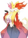 anthro big_breasts black_body breast_curtains breasts cleavage clothed clothing curvy_figure eyelashes female female_anthro fur inner_ear_fluff kemono red_eyes simple_background solo thick_thighs tuft white_background wide_hips yellow_body yellow_fur baburusushi nintendo pokemon canid delphox generation_6_pokemon mammal pokemon_(species) 3:4 hi_res