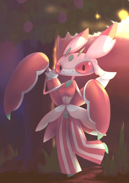 anthro female mountain pink_body pink_eyes smile solo standing sunset wings sakana_usagi nintendo pokemon arthropod generation_7_pokemon insect lurantis pokemon_(species) hi_res