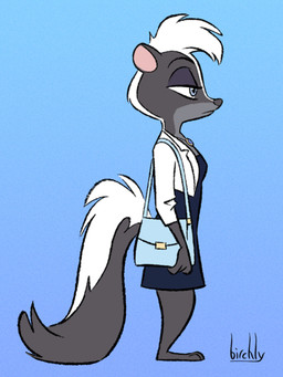 anthro barefoot blue_background blue_eyes clothed clothed_anthro clothed_female clothing countershade_face countershading dress eyebrows eyelashes feet female female_anthro fluffy fluffy_tail fully_clothed fully_clothed_anthro fully_clothed_female fur hair iris jewelry markings mouth_closed necklace plantigrade pupils purse side_view simple_background skunk_tail snout solo striped_body striped_fur striped_markings striped_tail stripes suit_jacket tail tail_markings white_hair white_stripes birchly courtney_brushmarke mammal mephitid skunk striped_skunk 2022 3:4 digital_media_(artwork) full-length_portrait hi_res portrait