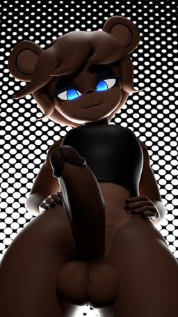 anthro balls big_penis black_clothing black_eyeshadow black_nails black_shirt black_topwear blue_eyes bottomless bottomless_anthro bottomless_male brown_body brown_hair clothed clothing colored_nails crop_top dotted_background erection eyeshadow femboy freckled_face freckles genitals glowing glowing_eyes hair hands_on_hips humanoid_genitalia humanoid_penis looking_at_viewer looking_down looking_down_at_viewer low-angle_view makeup male midriff mismatched_genitalia mismatched_penis nails pattern_background penis shirt simple_background smile smiling_at_viewer solo topwear type_09 cryptiacurves_(modeler) zanicart_(modeler) five_nights_at_freddy's fredina's_nightclub scottgames freddy_(fnaf) frenni_(cryptiacurves) bear mammal 3d_(artwork) 9:16 digital_media_(artwork) hi_res watermark
