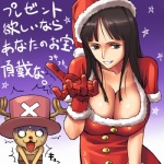 age_difference anthro big_breasts breasts cleavage clothed clothing duo female hat headgear headwear holidays horn huge_breasts human_focus human_on_anthro implied_erection interspecies male male/female not_furry_focus older_female shocked smile suggestive text younger_male mosha christmas one_piece nico_robin tony_tony_chopper deer human mammal new_world_deer reindeer 1:1 2012 japanese_text low_res translated