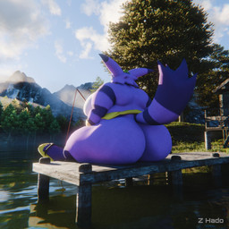 anthro big_butt butt clothing fishing fishing_rod footwear fur male overweight overweight_anthro overweight_male pier plant purple_body purple_fur rear_view sandals shoes sitting solo tail tree yellow_clothing yellow_footwear yellow_sandals z_hado sega sonic_the_hedgehog_(series) big_the_cat domestic_cat felid feline felis mammal 1:1 2025 3d_(artwork) digital_media_(artwork) english_description hi_res