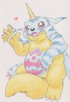 ambiguous_gender animal_skin anthro belly gesture heart_symbol horn looking_at_viewer red_eyes simple_background slightly_chubby smile solo waving waving_at_viewer white_background yellow_body tabasukotrr bandai_namco digimon digimon_(species) gabumon absurd_res hi_res traditional_media_(artwork)