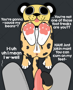anthro anus breasts butt collar dialogue duo erection feet female first_person_view foot_fetish foot_focus fur genitals male male/female male_pov mascot_costume mask mask_only mostly_nude_female nude pawpads sex tail tail_around_penis tail_fetish tail_play tail_sex tailjob text vulva wearing_mask yellow_body yellow_fur sleepysheepy17 opie_(sleepysheepy17) cheetah felid feline mammal english_text hi_res