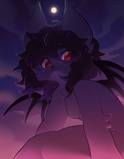 ahoge anthro bangs black_body black_fur black_hair black_nipples black_nose breasts cheek_tuft eyelashes facial_tuft female fur hair looking_away low-angle_view membrane_(anatomy) membranous_wings moon night nipples nude outside red_eyes short_hair sitting sky small_breasts solo tuft wings shiones domestic_cat felid feline felis mammal 2026 colored digital_drawing_(artwork) digital_media_(artwork) hi_res shaded