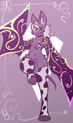 abstract_background animal_genitalia animal_print anthro balls bat_nose big_balls big_ears big_sheath bra clothing collar cow_print eyeless femboy fully_sheathed genitals hair ink inner_ear_fluff jagged_mouth legwear long_hair male multicolored_body navel on_one_leg raised_knee sheath solo spread_arms standing tail thigh_highs thin_tail tuft two_tone_body underwear winged_arms wings conditional_dnp lodi_(artist) lodi_(character) bat demon mammal 3:5 absurd_res hi_res restricted_palette