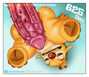 bodily_fluids fur genital_fluids genitals half-closed_eyes male male/male narrowed_eyes penile_spines penis precum precum_bubble red_nose simple_background simple_coloring size_difference smaller_male social_media unimpressed vein veiny_penis yellow_body yellow_fur ben_d_koopa benediktus_(artist) disney lilo_and_stitch reuben_(lilo_and_stitch) alien experiment_(lilo_and_stitch) 2026 hi_res shaded simple_shading watermark