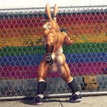 anthro anus backsack balls barazoku big_balls black_clothing black_footwear black_gloves black_handwear black_headwear black_legwear black_shoes black_socks brick_wall butt clothed clothing countershading fence footwear fur genitals gloves gloves_(marking) handwear headgear headwear legwear lgbt_pride looking_at_viewer looking_back male markings mostly_nude muscular muscular_anthro muscular_male presenting presenting_anus presenting_hindquarters pride_color_wall pride_colors rainbow_flag rainbow_pride_colors rainbow_pride_flag rainbow_symbol rainbow_wall rear_view six-stripe_rainbow_pride_colors socks solo super_gay text wall_(structure) dream_and_nightmare lgbt_pride_month rick_(dream_and_nightmare) lagomorph leporid mammal rabbit 1:1 english_text hi_res