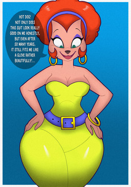 accessory afro anthro belt big_breasts black_nose bodysuit bracelet breasts cleavage clothed clothing curvy_figure dialogue ear_piercing ear_ring eyebrows eyeshadow female front_view green_eyes hair hand_on_hip headband hoop_ear_ring jewelry looking_down makeup open_mouth piercing raised_eyebrows ring_piercing simple_background skinsuit smile solo speech_bubble thick_thighs tied_hair tight_clothing toony voluptuous voluptuous_anthro voluptuous_female wide_hips kinggargantuas tonyneely disney goof_troop sylvia_marpole canid canine canis domestic_dog mammal 2026 absurd_res hi_res portrait three-quarter_portrait