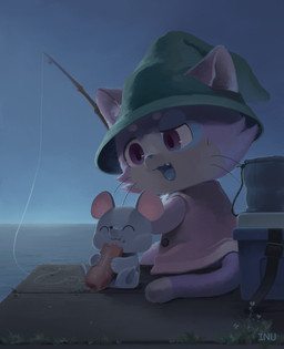 ambiguous_gender anthro blue_body blue_fur blue_nose bodily_fluids clothed clothing detailed_background dipstick_tail duo fishing fishing_line fishing_lure fishing_rod fur markings open_mouth pink_body pink_fur pink_tail sharp_teeth sitting sweat tackle_box tail tail_markings teeth white_body white_fur white_tail inu_denwa moon:_remix_rpg_adventure august_(meowmcmeow) domestic_cat felid feline felis mammal mouse murid murine rodent 2025 digital_media_(artwork) hi_res male_(lore)