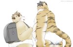 anthro backpack belly blush brown_body brown_fur bulge butt clothing duo fur kemono male moobs overweight overweight_male simple_background underwear young moujya bear felid mammal pantherine tiger 2020 hi_res