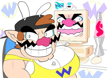 backwards_baseball_cap backwards_hat balloon_breasts baseball_cap black_baseball_cap brown_hair camera chair clothed clothed_humanoid clothed_male clothing computer computer_keyboard computer_mouse cosplay desktop electronics eye_bags facial_hair furniture grin hair hat headgear headwear humanoid_pointy_ears lamp lava_lamp light_body light_skin male muscular muscular_male mustache not_furry pink_nose pointy_ears smile solo solo_cup topwear webcam yellow_clothing yellow_topwear theycallhimcake mario_bros nintendo solo_jazz_pattern pb_(theycallhimcake) wario humanoid 2023 bust_portrait digital_drawing_(artwork) digital_media_(artwork) english_description hi_res portrait busty_boy_(lore) male_(lore)
