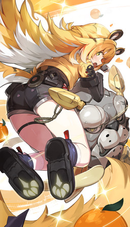 bare_legs bent_legs black_bottomwear black_clothing black_shorts blonde_hair blue_clothing blue_footwear blue_shoes blush bottomwear butt clothing fangs female food footprint footwear fruit glistening glistening_eyes glistening_hair green_eyes grey_clothing grey_shirt grey_topwear hair heart_eyes heart_symbol jacket long_hair looking_at_viewer looking_back looking_back_at_viewer open_mouth orange_(fruit) pawprint plant print_clothing print_footwear print_shoes rear_view shirt shoes shorts socks sparkles striped_hair teeth topwear two_tone_tail white_clothing white_footwear white_hair white_socks yellow_clothing yellow_jacket_(clothing) yellow_topwear goomrrat mihoyo zenless_zone_zero ju_fufu animal_humanoid felid felid_humanoid humanoid mammal mammal_humanoid pantherine pantherine_humanoid thiren tiger_humanoid 4:7 absurd_res hi_res