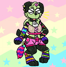 abstract_background alternative_fashion anthro belt black_limbs blep bottomwear bracelet bright_colors clothing costume crop_top crossgender ear_piercing female fingerless_gloves fishnet_clothing floppy_ears fursuit gloves green_body handwear jewelry leg_warmers legwear piercing pose raccoon_tail scene_(fashion) shirt shorts solo stitch_(sewing) studded_belt studs tongue tongue_out tongue_piercing topwear zipper squeakitties invader_zim nickelodeon gir_(invader_zim) canid canine mammal aliasing digital_media_(artwork)