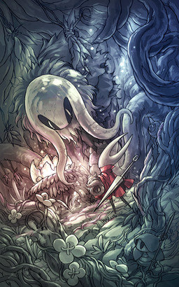 2_horns ambiguous_gender biped black_body cloak clothed clothing detailed_background duo_focus empty_eyes feral flower group holding_melee_weapon holding_object holding_weapon horn looking_at_another melee_weapon plant red_cloak red_clothing standing vines weapon weapon_on_back wings sinsin hollow_knight:_silksong hollow_knight_(franchise) team_cherry greyroot hornet_(hollow_knight) arthropod hi_res signature