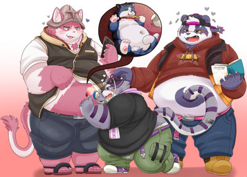 10_lives accessory anthro armor asian_clothing backwards_baseball_cap backwards_hat baseball_cap bell bell_collar belly belly_overhang belly_rub belt big_belly big_cheeks black_eyes black_nose blue_body blue_body_hair blue_bottomwear blue_clothing blue_ears blue_fur blue_hair blue_heart blue_pants blue_tail blush bodysuit book book_title bottomwear breasts butt butt_shot cat_tail cellphone chest_fur claws clothed clothing collar cowbell deep_navel ears_up east_asian_clothing electronics examination eyebrows footwear fur gold_(metal) gold_jewelry gold_necklace green_book grey_body grey_body_hair grey_bodysuit grey_bottomwear grey_clothing grey_ears grey_fur grey_hair grey_heart grey_pants grey_skinsuit grey_tail group hair half-moon_on_belly half_moon hat headband headgear headwear heart_symbol hearts_around_head helmet heterochromia humanoid_hands inner_ear_fluff inside_navel japanese_clothing jewelry jingle_bell kimono love male male/male medical medical_examination medical_instrument micro moon nails navel navel_examination navel_fetish navel_fingering navel_penetration navel_poke necklace open_belt overweight overweight_anthro overweight_male pants paws penetration pet_inside_navel phone pink_belly pink_body pink_body_hair pink_ears pink_fur pink_hair pink_navel pink_tail pockets pockets_in_pants ponytail purple_body purple_ears purple_eyes purple_fur purple_hair purple_navel recording recording_audio recording_device recording_video red_eyes ribbons sandals scientific_instrument shirt shoes skinsuit smartphone sneakers star_sweater stethoscope sun sweater t-shirt tail tail_motion tail_penetrating_navel tail_poking_navel tailwag teeth_showing text thick_eyebrows thick_tail through tight_clothing tongue topwear tuft vest white_belly white_body white_clothing white_eyes white_fur white_hair white_navel white_shirt white_topwear yellow_eyes zipper 96panda lifewonders live_a_hero tamacolle tokyo_afterschool_summoners alp_(tas) beckett_(10_lives) bungo_(tamacolle) bygul leib_(tas) alien arthropod bear domestic_cat felid feline felis giant_panda mammal absurd_res book_cover cover hi_res