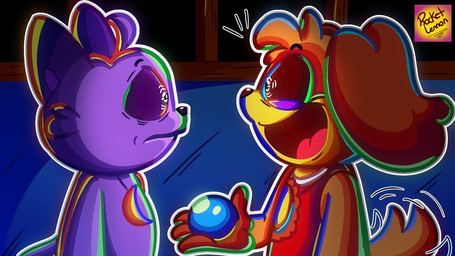 anthro ball duo male orange_body purple_body smile tail rocketlennon mob_entertainment poppy_playtime smiling_critters catnap_(poppy_playtime) dogday_(poppy_playtime) canid canine canis domestic_cat domestic_dog felid feline felis mammal 16:9 widescreen
