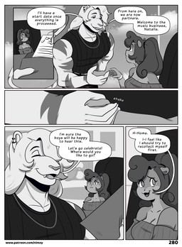 anthro clothed clothing detailed_background dialogue duo eyebrows eyelashes female fingers inside male open_mouth pupils smile speech_bubble text three-quarter_view topwear nimzy noms_(nimzy) tobi_(nimzy) cricetid felid hamster hybrid liger mammal pantherine rodent comic english_text hi_res url