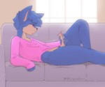 anthro blue_body blue_fur blue_hair bodily_fluids clothing foreskin fur furniture genital_fluids genitals hair humanoid_genitalia humanoid_penis inside long_sleeves male masturbation on_sofa penile penile_masturbation penis pink_clothing pink_shirt pink_topwear precum reclining red_eyes shirt side_view sofa solo topwear window tinysmallman mammal 6:5 absurd_res hi_res