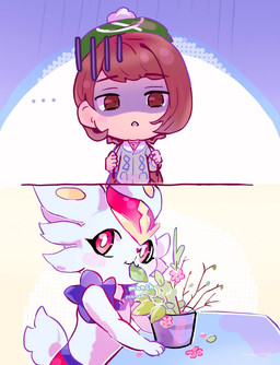 ambiguous_gender anthro blush blush_lines brown_eyes brown_hair clothing duo eating ellipsis female flower fur hair hat headgear headwear leaf open_mouth plant plant_pot red_eyes simple_background tail white_body white_fur maaomei nintendo pokemon gloria_(pokemon) cinderace generation_8_pokemon human lagomorph mammal pokemon_(species) 2024 comic