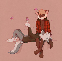 anthro black_clothing black_hoodie black_nose black_topwear blush brown_body brown_fur checkered checkered_clothing checkered_shirt checkered_topwear cheek_tuft clothing dipstick_ears duo ear_markings facial_markings facial_tuft fluffy fluffy_tail fur furry_tail gesture grey_body grey_fur hair hand_gesture head_markings headpat heart_symbol hood hoodie laying_on_lap leg_markings looking_at_another male male/male markings mask_(marking) multicolored_body multicolored_ears multicolored_fur pattern_clothing pattern_shirt pattern_topwear pink_nose pointing pointing_up shirt simple_background sitting socks_(marking) tail topwear touching_hair tuft two_tone-body two_tone_body two_tone_fur shak3it0ff fenrir_the_ferret verfolov_(ondatail) canid canine canis domestic_ferret mammal mustelid musteline true_musteline weasel wolf 2025 digital_drawing_(artwork) digital_media_(artwork)