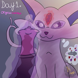 ambiguous_gender animal_genitalia anthro blocked_orgasm bodily_fluids cum_blockage duo equine_genitalia feral genital_fluids genitals heart_symbol male male/ambiguous orgasm_denial precum psychic_powers sitting smile tail wide_hips hurricane_weaver kinktober_2025 nintendo pokemon eeveelution espeon generation_2_pokemon pokemon_(species) 1:1 2025