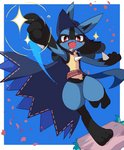 3_fingers 3_toes ambiguous_gender anthro black_body black_fur blue_background blue_body blue_fur blush blush_stickers border cape chest_spike clothed clothing cute_fangs fangs feet fingers fur happy hat headgear headwear holowear_(pokemon) kemono looking_at_viewer multicolored_body multicolored_fur on_one_leg open_mouth open_smile red_eyes simple_background smile solo spikes spikes_(anatomy) standing tail teeth toes white_border yellow_body yellow_fur syuya nintendo pokemon pokemon_unite costume_party_style_lucario canid canine generation_4_pokemon lucario mammal pokemon_(species) digital_media_(artwork) full-length_portrait hi_res portrait