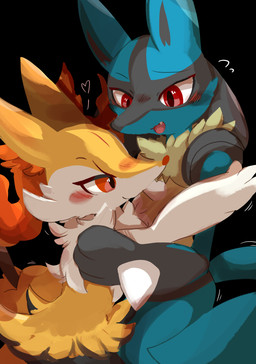 3_fingers ambiguous_anthro ambiguous_gender anthro arm_tuft biped black_background black_body black_fur black_nose blue_body blush blush_lines bodily_fluids cheek_tuft chest_tuft cute_fangs dancing duo eyebrows eyelashes facial_tuft fangs fingers fluffy fluffy_tail flying_sweatdrops fur heart_symbol hip_tuft inner_ear_fluff multicolored_body multicolored_fur nose_blush nude_ambiguous nude_anthro object_in_tail open_mouth open_smile orange_body orange_eyes orange_fur orange_inner_ear_fluff orange_nose pointy_ears prick_ears red_eyes shoulder_tuft side_view simple_background size_difference smile snout spikes spikes_(anatomy) standing stick stick_in_tail sweat sweatdrop tail teeth tuft white_body white_fur yellow_body yellow_fur yellow_tail izon448 nintendo pokemon braixen canid generation_4_pokemon generation_6_pokemon lucario mammal pokemon_(species) 2025 absurd_res colored digital_media_(artwork) digital_painting_(artwork) hi_res painting_(artwork) shaded