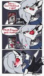 anthro bodily_fluids bunny_costume clothing collar costume dialogue duo electronics jewelry male necklace offscreen_character phone selfie spiked_collar spikes sweat icey_(artist) helluva_boss mythology loona_(helluva_boss) canid canid_demon canine demon hellhound mammal mythological_canine mythological_creature absurd_res comic hi_res meme