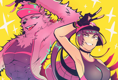 anthro biped breasts clothing duo female hat headgear headwear kemono male muscular muscular_male pose tight_clothing visor_cap wetsuit touoh lifewonders tokyo_afterschool_summoners bathym_(tas) canid canine canis demon human mammal wolf 2017 signature