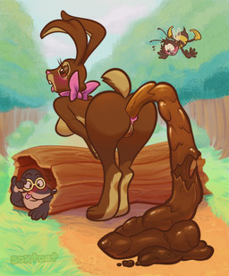 adjusting_glasses ambiguous_gender antennae_(anatomy) anthro anus blush breasts brown_body brown_eyes brown_fur butt candy_scat dirt enjoying_the_go eyebrows eyewear featureless_breasts feces feces_on_ground feces_pile female female_pooping forest forest_background fur genitals glasses grass group half-closed_eyes log long_ears mascot narrowed_eyes nature nature_background nude nude_anthro nude_female open_mouth pink_ribbon plant pooping pooping_on_floor raised_eyebrows raised_tail scatplay scut_tail short_tail stinger tail tan_body tan_fur teeth text tongue tongue_out tree trio unusual_feces vulva wearing_glasses wings wood scxtcat cadbury cadbury_bunny arthropod bee eulipotyphlan hymenopteran insect lagomorph leporid mammal mole_(animal) rabbit artist_name