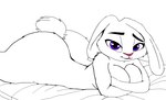 anthro bed big_breasts big_butt breasts butt crossed_arms female floppy_ears fluffy furniture lustful_gaze purple_eyes scut_tail short_tail smile solo tail the_good_guy_two disney zootopia judy_hopps lagomorph leporid mammal rabbit hi_res sketch