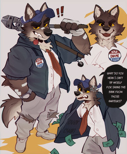 4_fingers accessory annoyed anthro bandage bandage_on_face bandage_on_nose bandaged_arm black_nose blep bolt_cutter bottomwear brown_body brown_fur candy clock clothed clothing cross-popping_vein dessert dialogue exclamation_point fingerless_gloves fingers food footwear fur gloves grin hand_in_pocket handwear hat headgear headwear humanoid_hands jacket lollipop lollipop_in_mouth male male_anthro money necktie pants pin_accessory pin_button pockets shirt shoes smile snout solo speech_bubble standing teeth text tongue tongue_out topwear torn_bottomwear torn_clothing torn_pants watch wristwatch overcyan dreamworks the_bad_guys mr._wolf_(the_bad_guys) canid canine canis mammal wolf 2022 absurd_res english_text hi_res signature