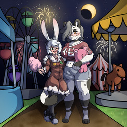amusement_ride anthro blush bottomwear candy clothing cotton_candy dessert duo ear_piercing female ferris_wheel fireworks food footwear hand_on_shoulder jacket jersey male male/female moon night one_eye_closed piercing plushie pose shirt shoes shorts sneakers star tail tail_hug teddy_bear tent topwear wink pinkupinkish kai_(bosstones) yvette_(kilinah) animal_humanoid felid feline humanoid lagomorph lagomorph_humanoid leopardus leporid leporid_humanoid mammal mammal_humanoid ocelot rabbit rabbit_humanoid 1:1 hi_res