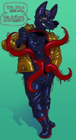 anthro boots clothed clothing dripping ear_markings eye_markings footwear fully_clothed hair jacket latex latex_clothing latex_skinsuit male markings question_mark shoes skinsuit slime smile speech_bubble stripes talking_to_viewer teeth tentacles text tight_clothing topwear a_guy_somewhere egyptian_mythology middle_eastern_mythology mythology anubis animate_inanimate anubian_jackal canid canine canis deity jackal living_clothing living_latex mammal english_text hi_res